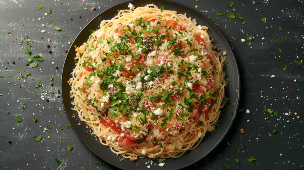 Spaghetti with Feta, Tomatoes, Parsley and Parmesan top with parsley , serve in a black plate