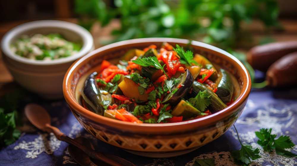 Spicy roasted eggplant with herbs and red pepper top with parsley serve in a rastic bowl