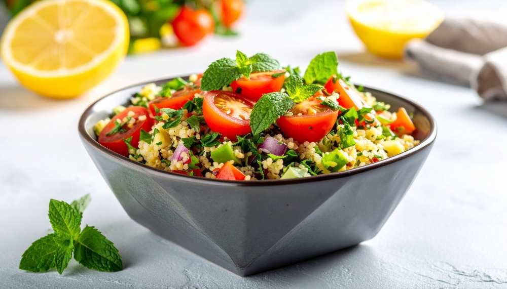 Tabbouleh Salad top with tomatos and mint serve in a black bowl.