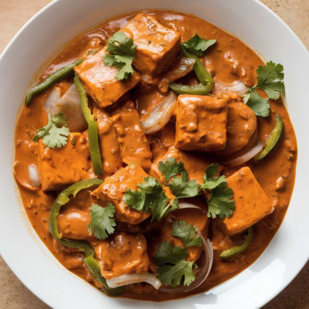 Tofu in Creamy Orange Sauce top with cilantro and green pepper serve in a white plate a close up view
