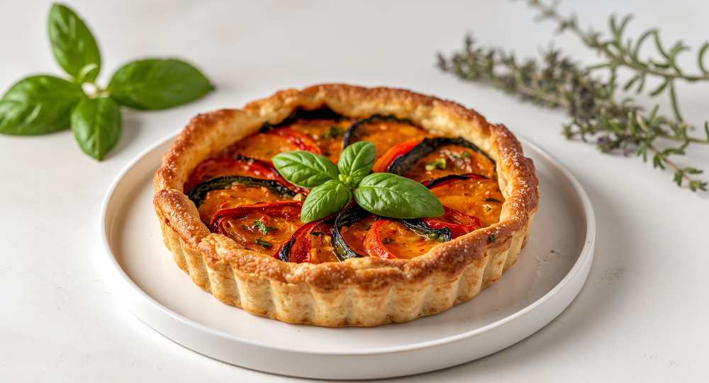 Tomato, Eggplant, and Basil Tart serve on a white round plate