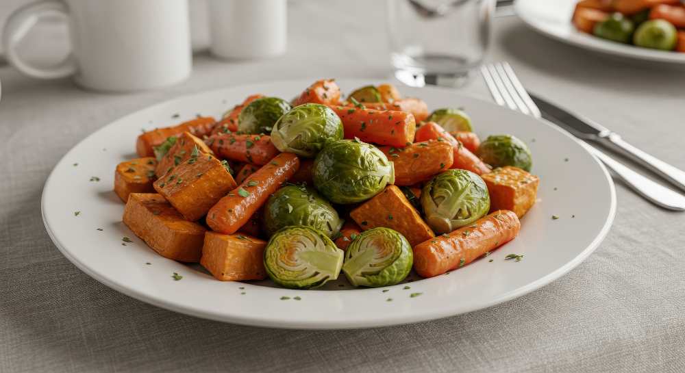 A plate of roasted vegetables including sweet potatoes, carrots, and Brussels sprouts, garnished with herbs and olive oil, serve in a white plate