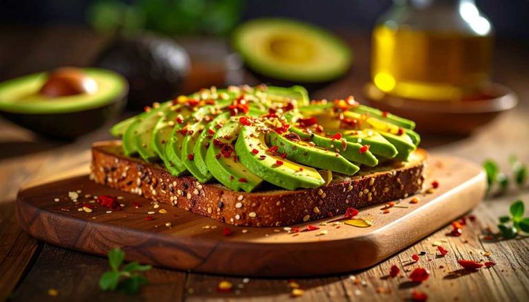 Avocado toast top with chili flex serve on a wooden board