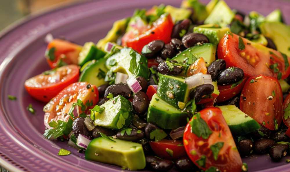 Avocado and black beans salad with cherry tomato, red onion garnish with parsley, serve on a plate