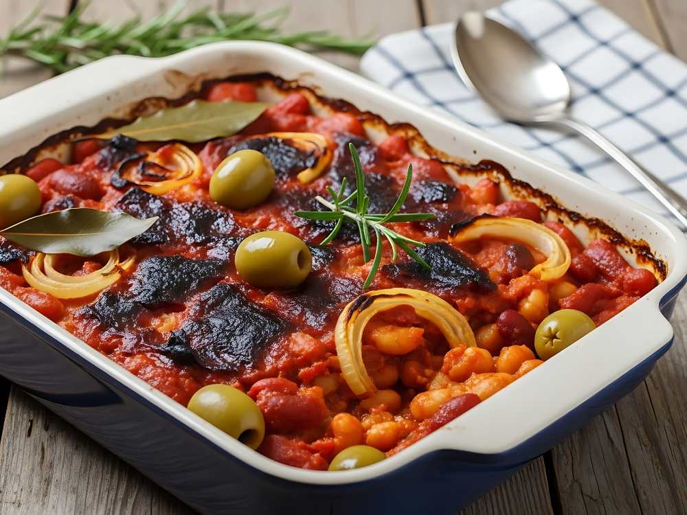 Casserole of beans and onion with green olive serve in a baking dish