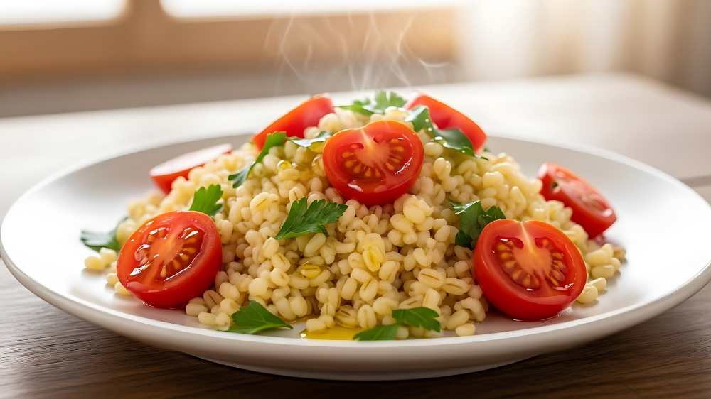 Barley Salad with Cherry Tomatoes and olive oil top with parsley on a white plate