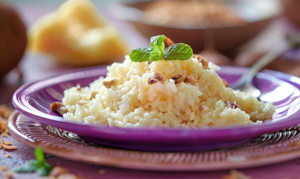 Brazilian Arroz Doce with Coconut Milk serve on a purpel plate