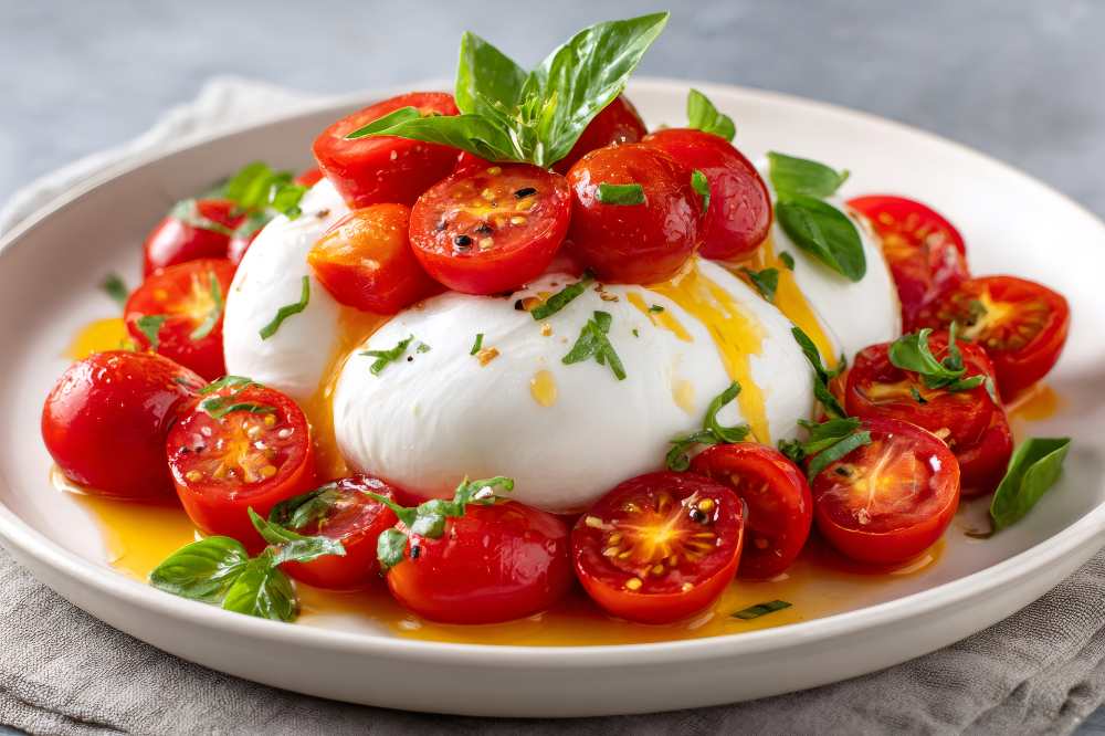 Burrata Cheese with Cherry Tomatoes and Basil, drizzel with olive oil , serve in a white plate