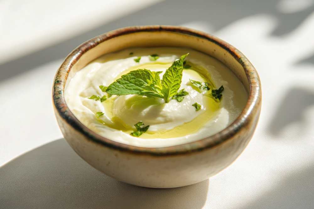 Creamy avocado dip with yogurt top with mint in a rustic bowl