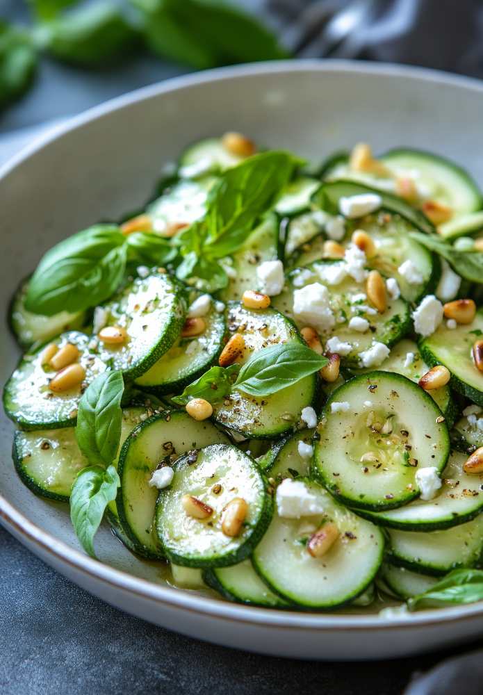 Cucumber pine nuts salad top with feta