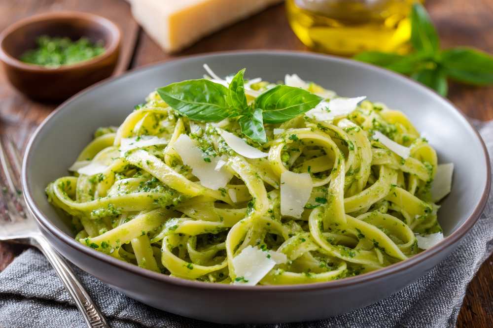 Fettuccine with Pesto serve in a bowl
