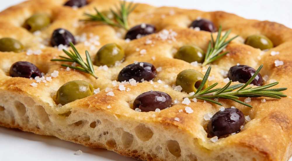 Focaccia Bread with Olives top with green and black olive, and rosemary.
