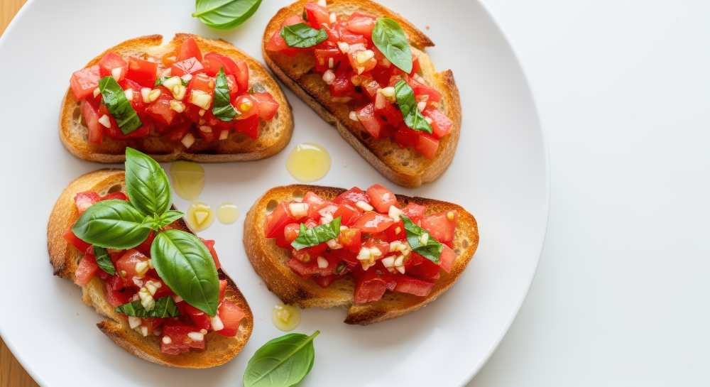 Fresh Tomato Bruschetta with Garlic and Basil serve in a white plate with drizzel of olive oil.