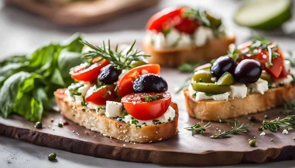 Greek style crostini with feta cheese, tomatoes, cucumber, olives top with rosemary and herbs. serve on a wooden board.