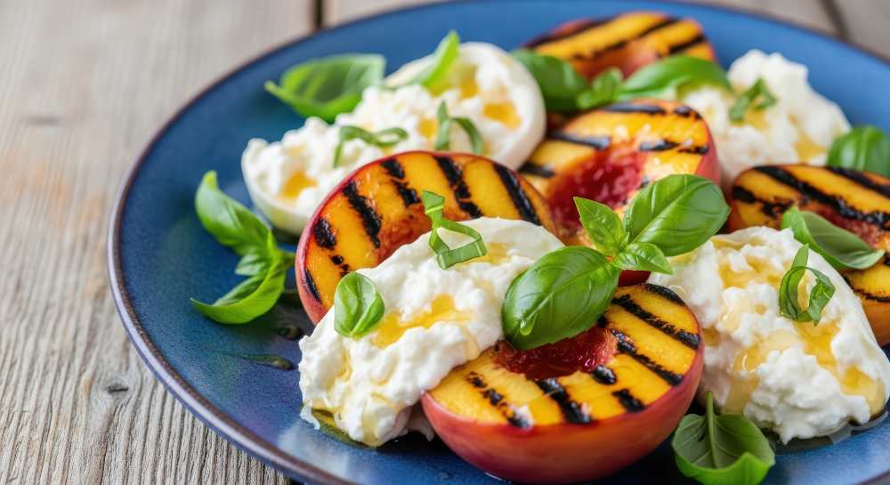 Grilled Peaches with Burrata and Fresh Basil serve in a blue rastic plate