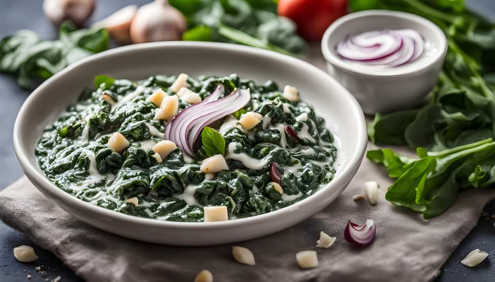 Homemade Creamed Spinach with red Onion and Garlic, serve in a white bowl
