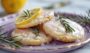 Lemon and rosemary shortbread cookies with glaze, top with a slice of lemon , 3 cookies on a plate