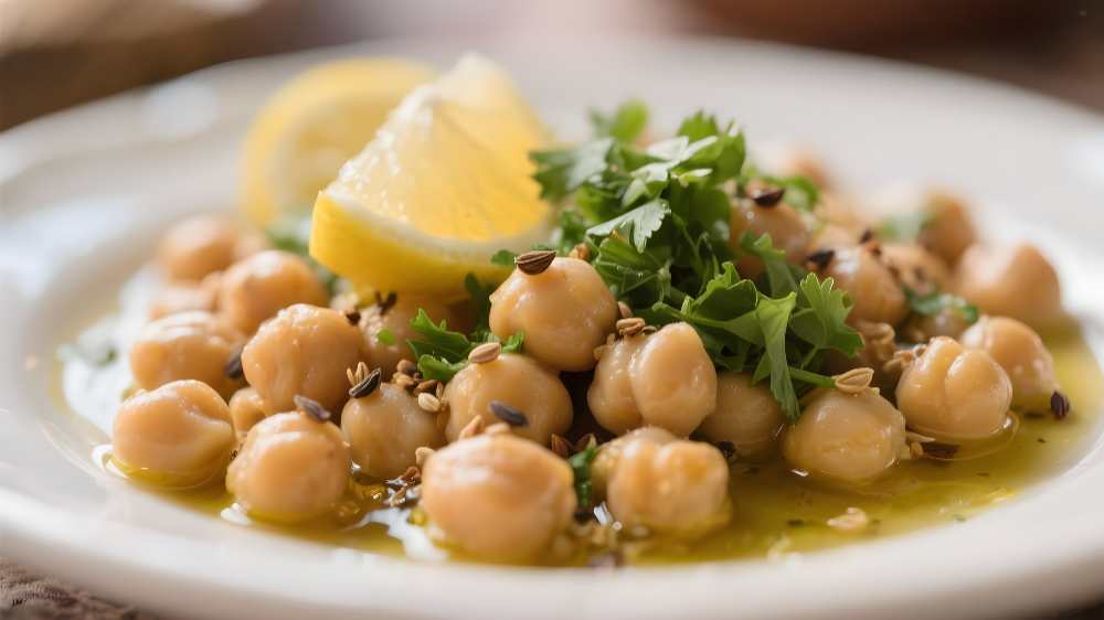 Levantine Balila (Msabah), top with lemon and parsley serve on a white plate
