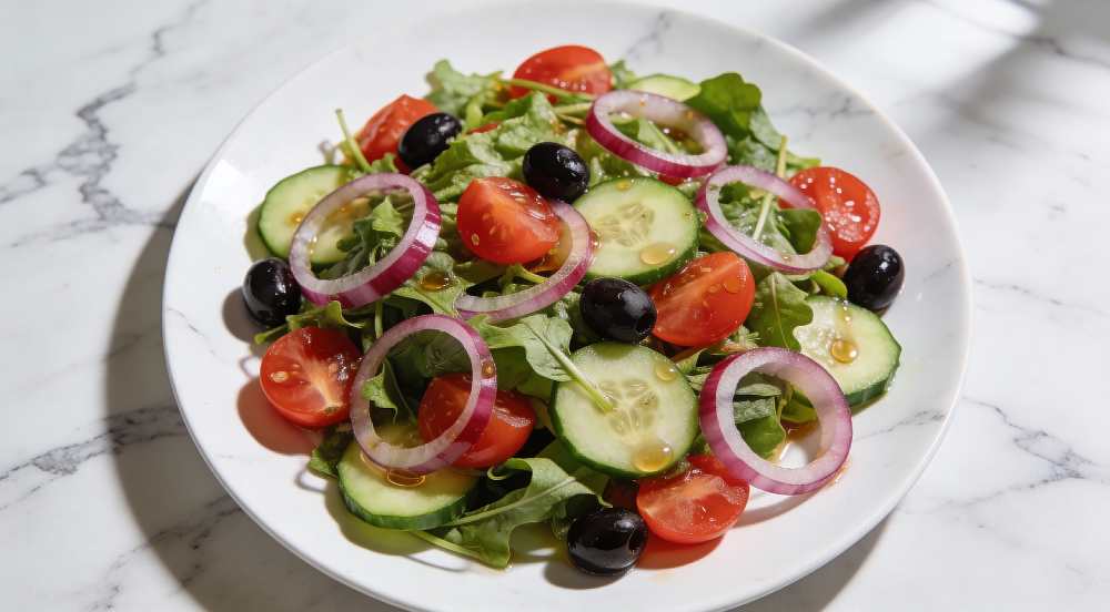Mediterranean Dinner Salad tomato cucumber red onion arugala serve on a white plate