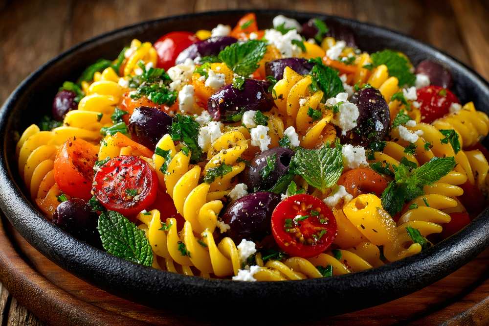 Pasta salad with black olive , tomato and feta