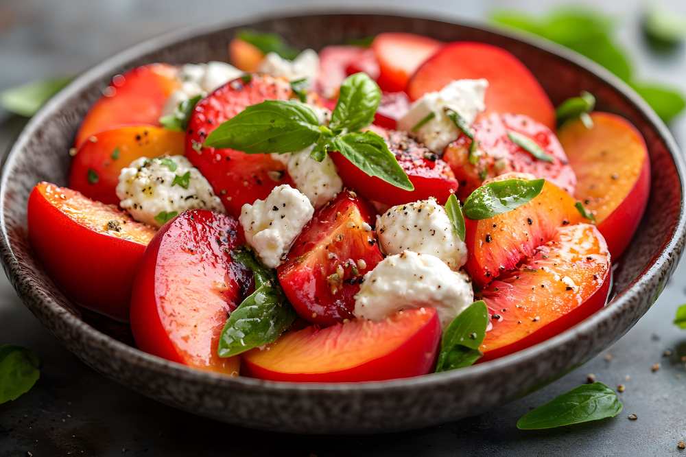 Peach and Tomato Salad top with Basil and Mozzarella Cheese, serve in a bowl.