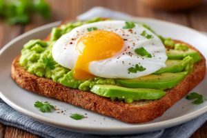 Egg on Avocado toast serve on a white plate