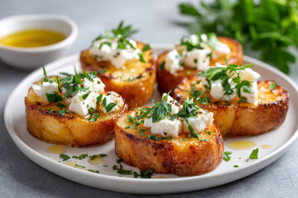 Roasted Potatoes with Feta and Parsley drizzel with olive oil serve on a white plate with side of olive oil