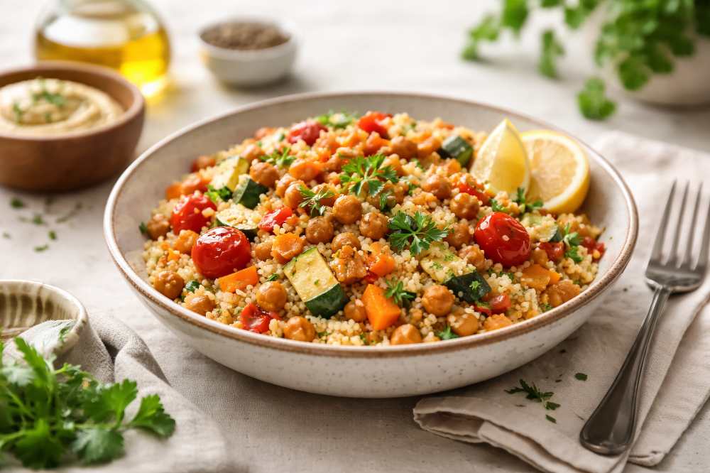 Roasted Vegetables with couscous serve in a bowl with a side of hummus
