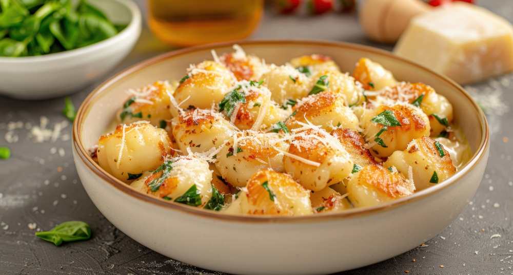 Roasted baby potatoes top with parmesan and basil. serve in a round baking bowl.