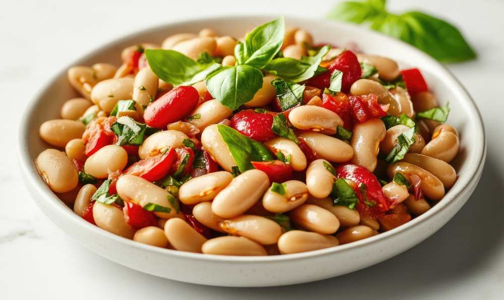 Salad of white beans and tomatoes and basil, serve in a white bowl.