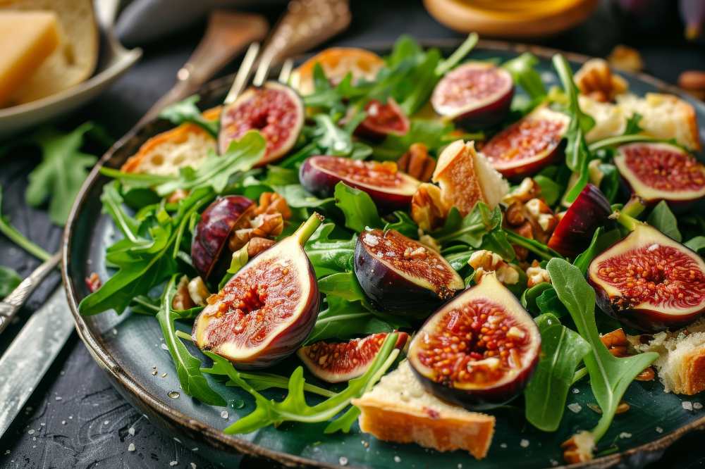 Salad with figs, arugula, walnuts, croutons and olive oil serve on a plate