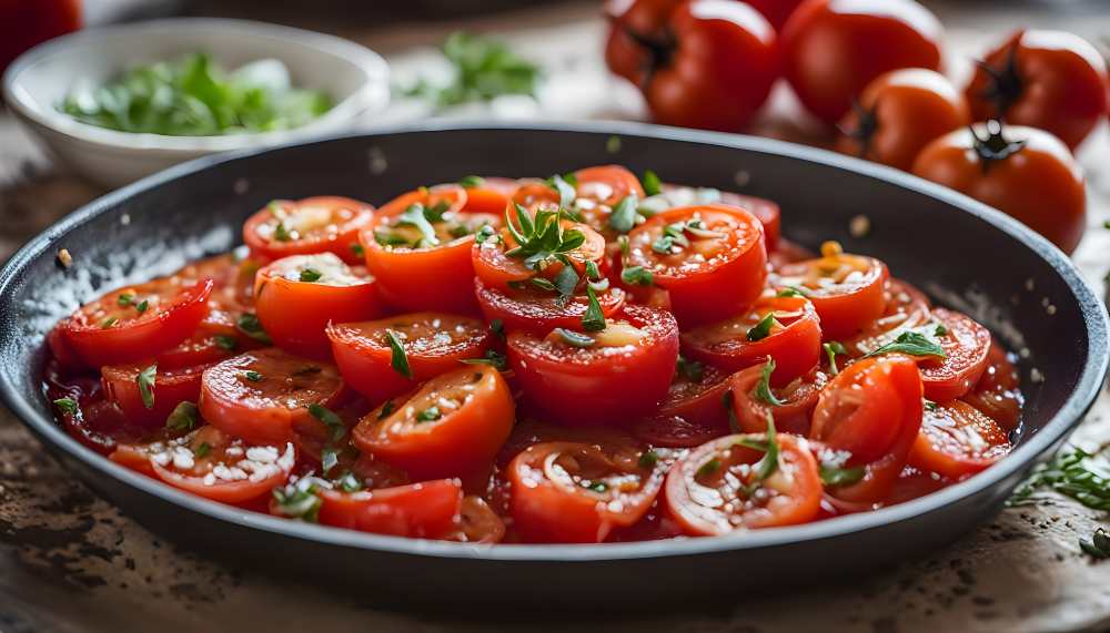 Sauteed Tomatoes Traditional food Qalayet bandora. Jordanian dish of tomatoes, onions, hot peppers, olive oil, and salt . serve in a black bowl.