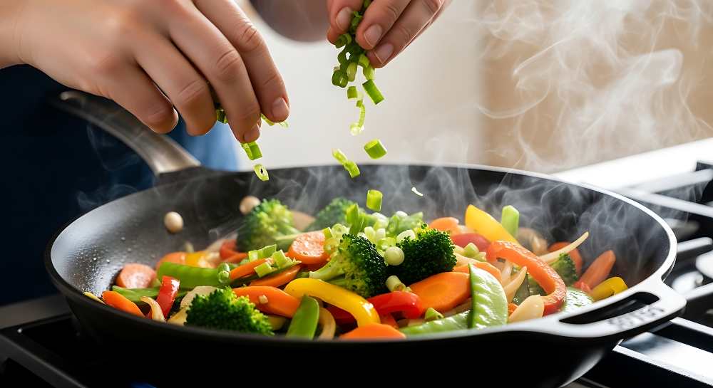 TheWays to Cook Any Vegetable, hands adding green onion to pan full of veggie