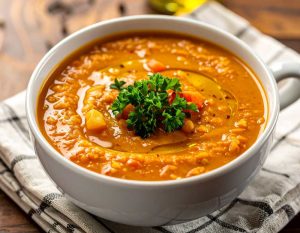 Turkish Lentil Soup with red lentil top with parsley serve in a white bowl