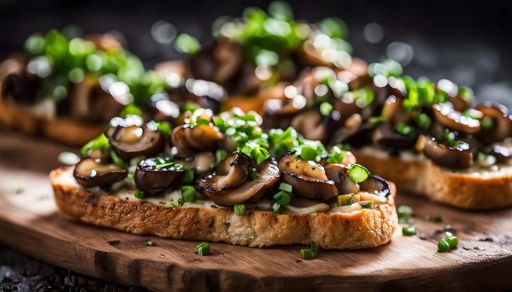 bruschetta of Balsamic mushrooms top with green onion . serve on a wooden board