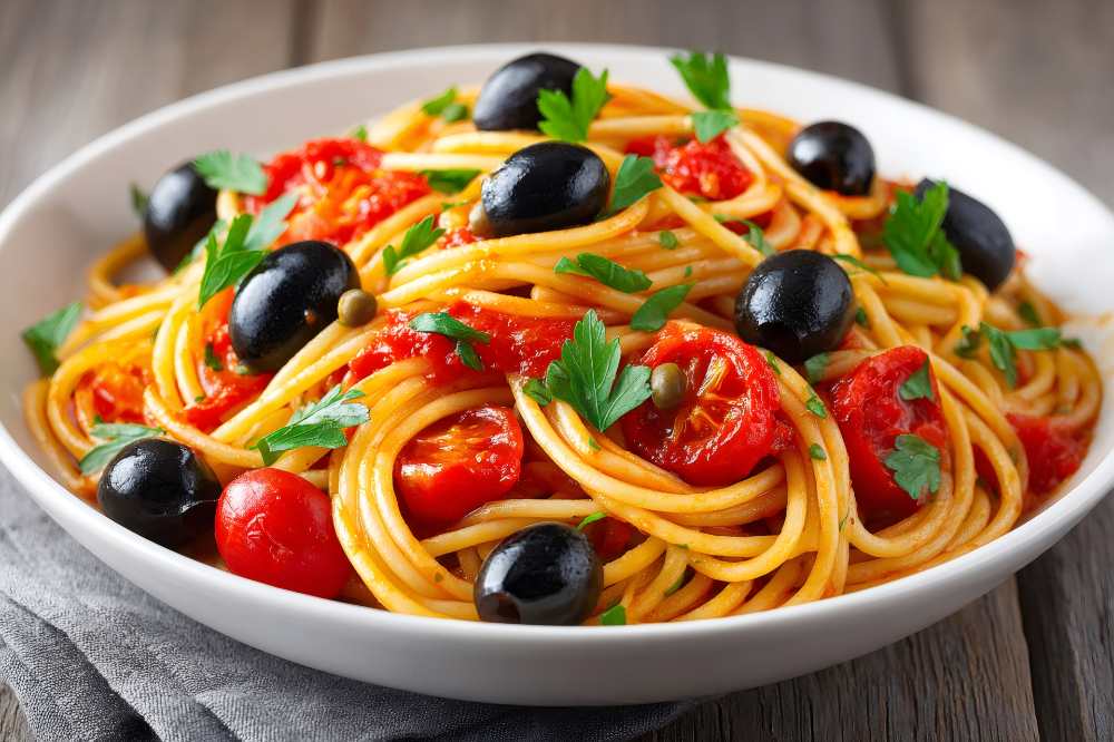 italian spaghetti with tomatoes, black olives, capers and parsley, serve in a white plate