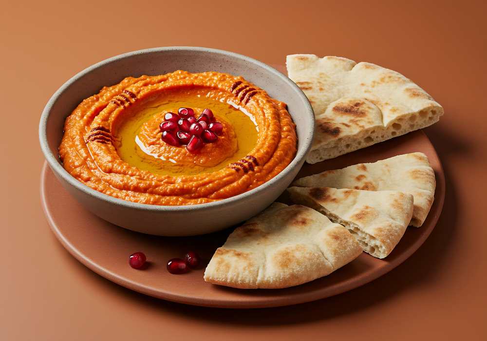 roasted red pepper dip top with pomegranate serve in a bowl with side flatbread