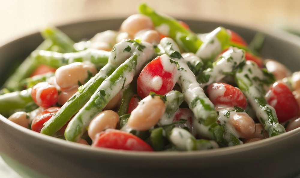 salad with white beans, tomatoes, and green beans top with a white sauce, serve in a bowl.