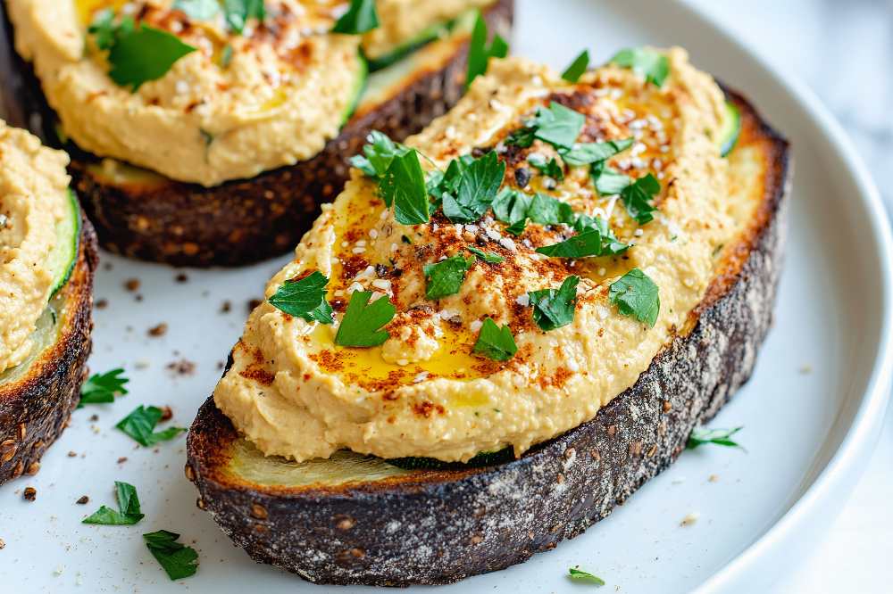 slice zucchini hummus toast topped with herbs and spices, serve on a white plate