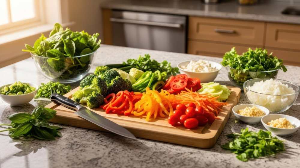 A cutting board with various vegetables and herbs, on kitchen counter