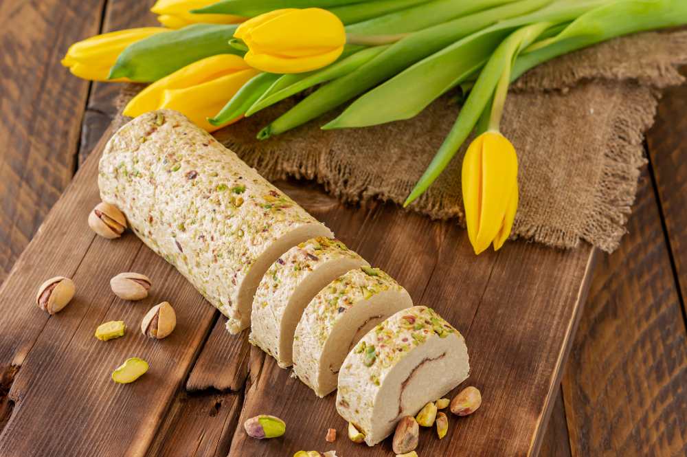 A roll of tahini halva with pistachio, serve on a wooden board with yellow flowers