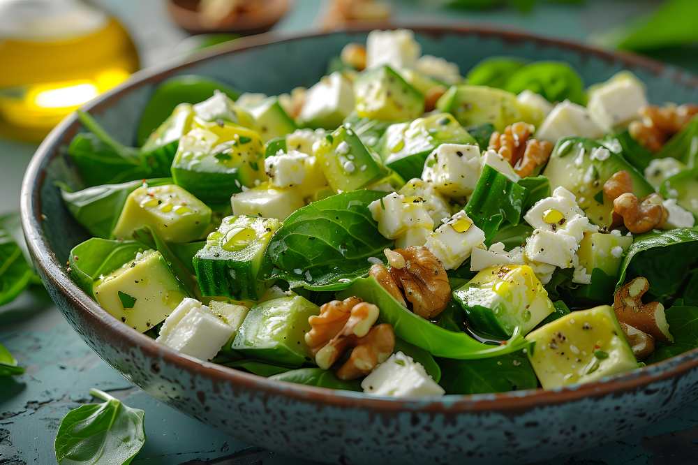 Avocado Spinach Salad with Feta and Walnuts, top with olive oil and herbs, serve in a bowl.