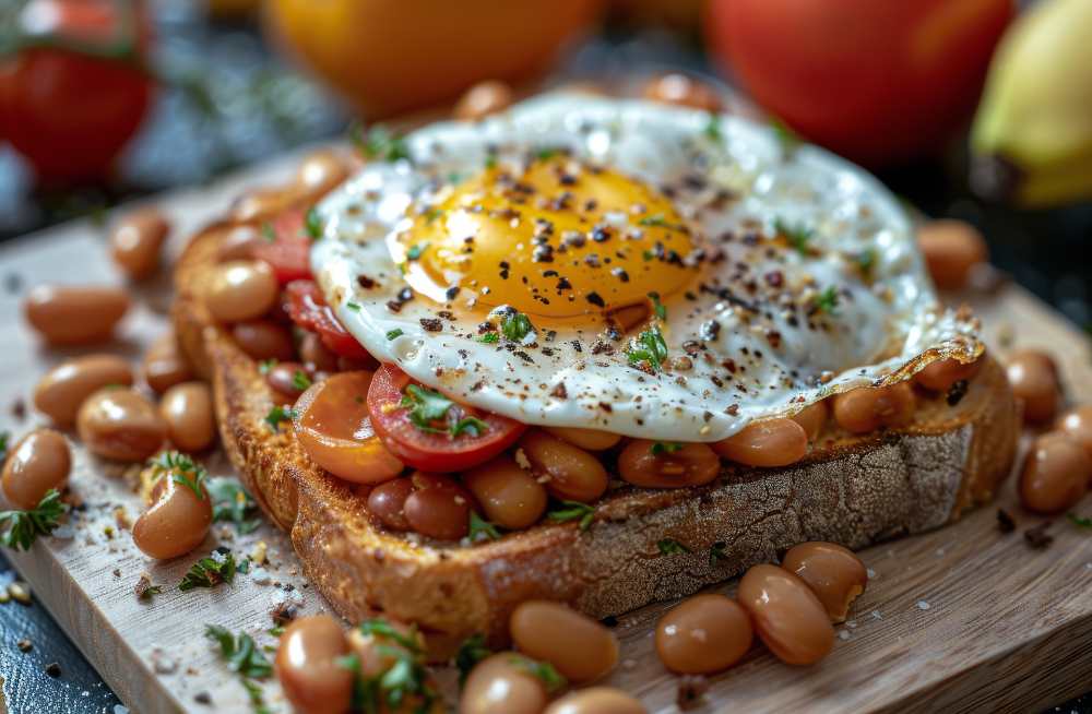 Bake beans with cherry tomato serve on a tosted bread with sunny side eggs and herbs on top, serve on a wooden cutting board.