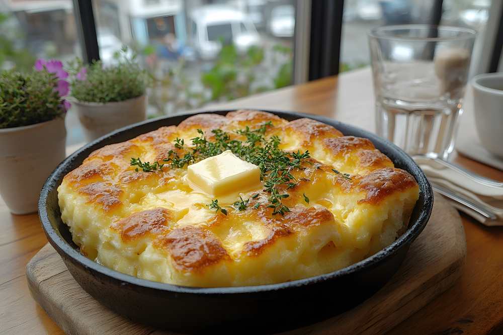 Baked Mashed Potatoes with Butter and Herbs in baking dish, Rustic black, on a wooden board.