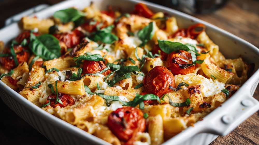 Baked pasta casserole with melted cheese and roasted cherry tomatoes in ceramic dish, top view