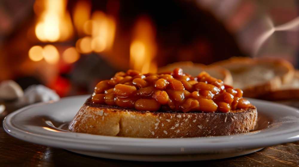 Beans on Toast, serve on a white plate serve on a wooden tabl;e