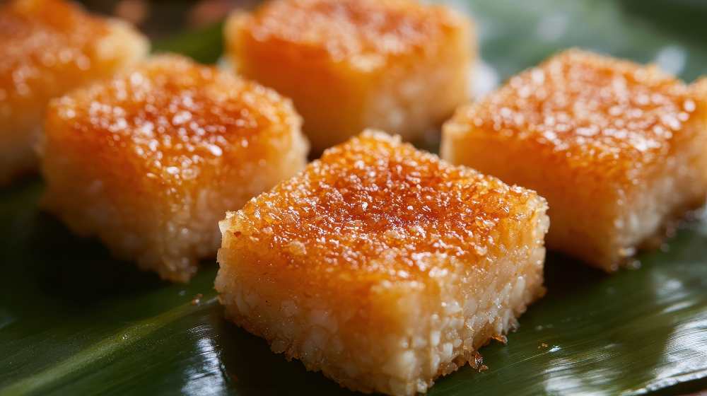 Biko Filipino Rice Cake Dessert, close-up photo serve on banana leaf