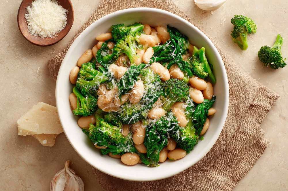 Broccoli and White Bean Salad with Parmesan Cheese, serve in a white bowl, top view