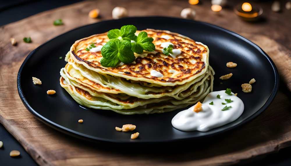 Cabbage pancake with a side of greek yogurt , serve in a black plate.