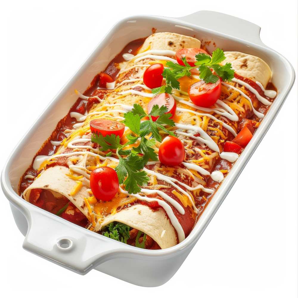 Enchiladas with red sauce, cheese, and a dollop of sour cream, serve in a baking dish in a white background